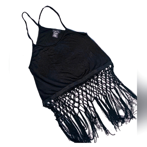 Rue21 Tops - 🟣 Rue21 Black Hanging Fringe Cropped Halter Strap Tank XSmall Mesh Fishnet